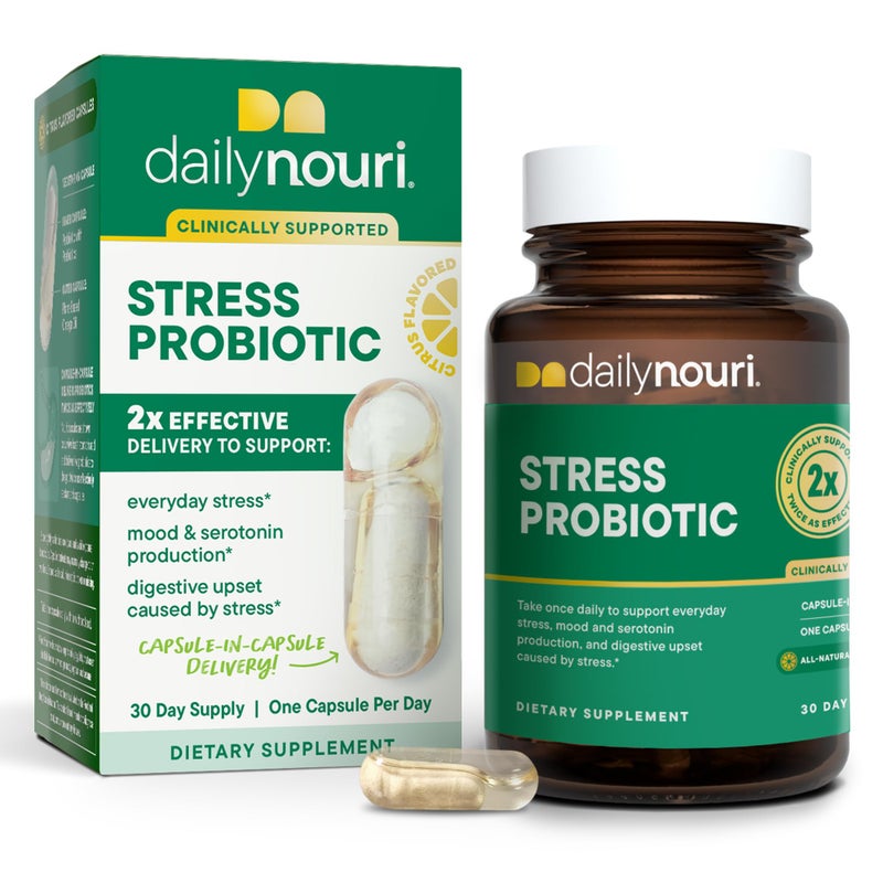 Daily Nouri Stress Probiotic for Cortisol Management Digestion Daily Stress Relief Gut Microbiome Health 3 Probiotic Strains Vegan Ahiflower Omega Oil for Women Men 30Day Supply