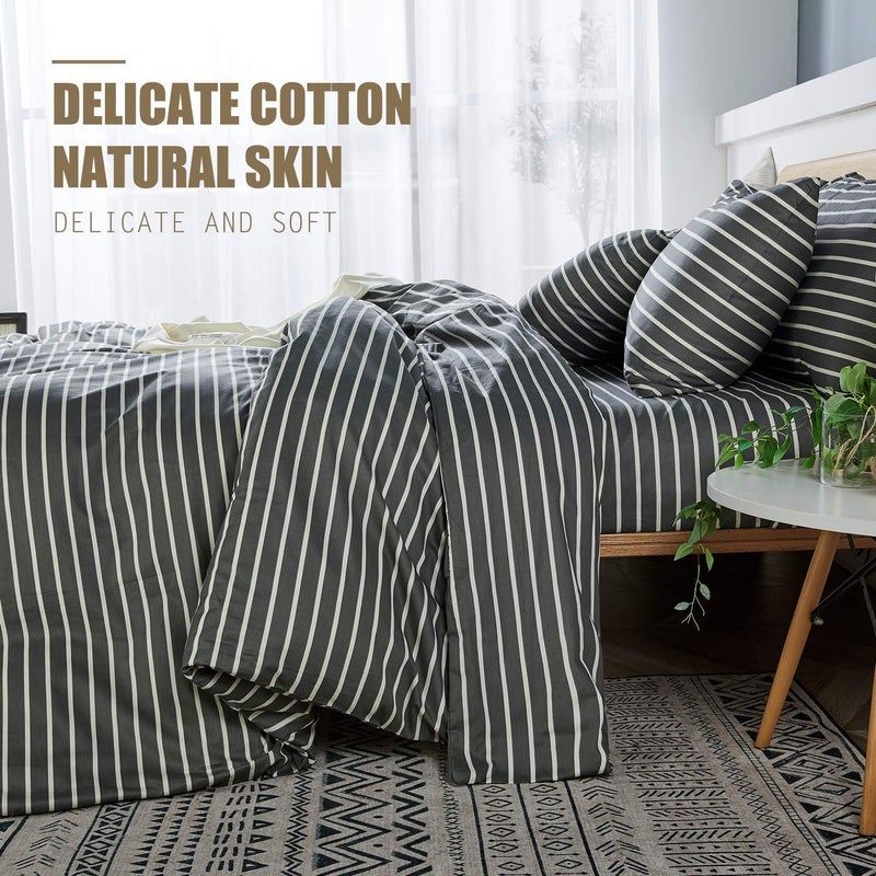 JELLYMONI 100% Natural Cotton 2pcs Striped Duvet Cover Sets, Dark Grey Duvet Cover with White Stripes Pattern Printed Comforter Cover, with Zipper Closure & Corner Ties(Twin Size) - Image 3