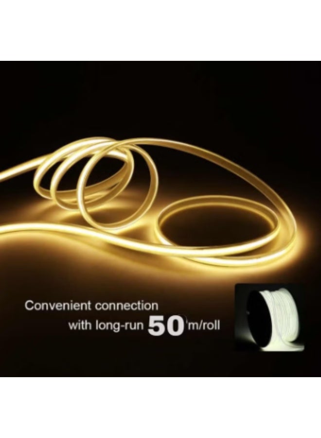 شريط إضاءة LED COB بطول 50 متر، مقاوم للماء IP65، أبيض دافئ مرن 8 مم للاستخدام الداخلي والخارجي - Image 4
