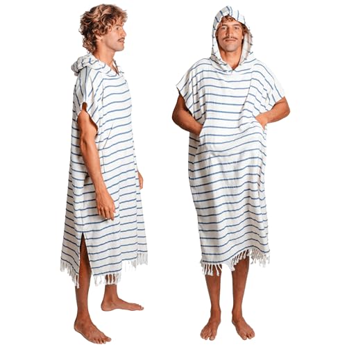 Nova Blue Surf Poncho – White & Navy Striped Surf Poncho – Large Adult Hooded Beach Towel Adult (33 x 44) – 100% Turkish Cotton Surf Towel Changing Robe for Surf Beach - Image 1