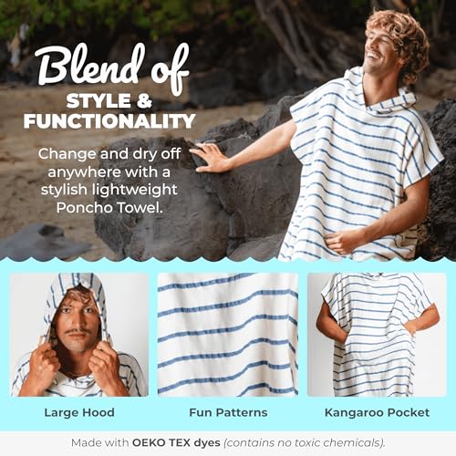 Nova Blue Surf Poncho – White & Navy Striped Surf Poncho – Large Adult Hooded Beach Towel Adult (33 x 44) – 100% Turkish Cotton Surf Towel Changing Robe for Surf Beach - Image 4