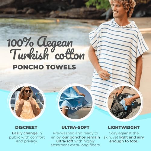 Nova Blue Surf Poncho – White & Navy Striped Surf Poncho – Large Adult Hooded Beach Towel Adult (33 x 44) – 100% Turkish Cotton Surf Towel Changing Robe for Surf Beach - Image 2