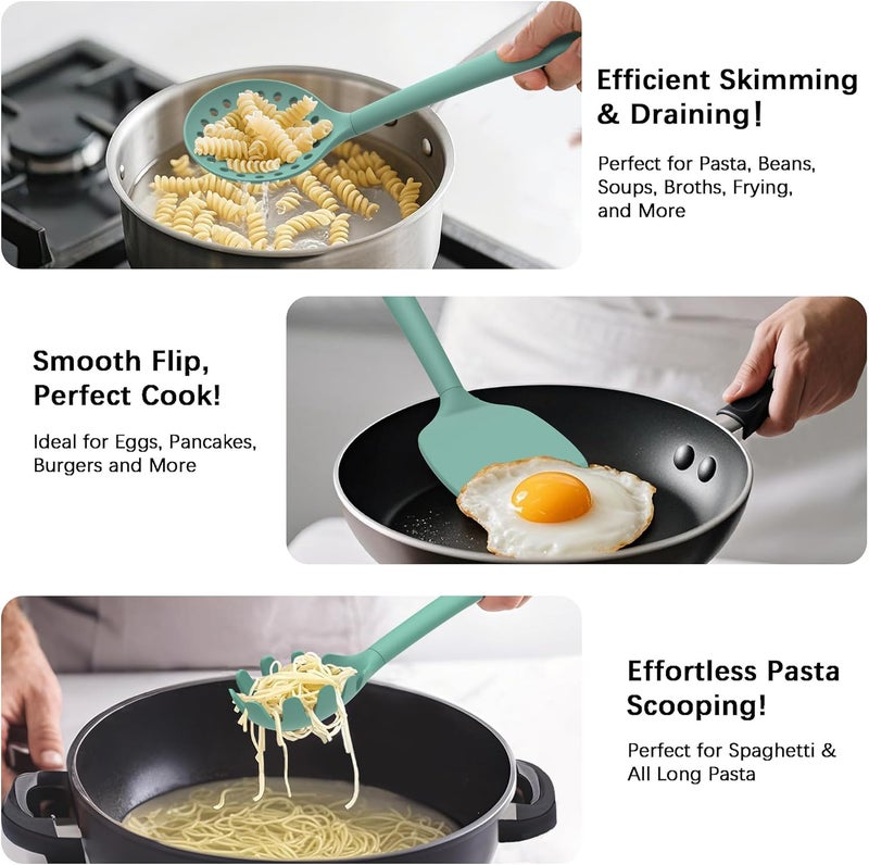 Coukre Silicone Kitchen Cooking Utensils Set with Holder – Heat-Resistant, Food-Grade Kitchen Tools, Spatula, Spoon & Gadgets for Non-Stick Pans, Dishwasher Safe (14, PureAquaGreen) - Image 3