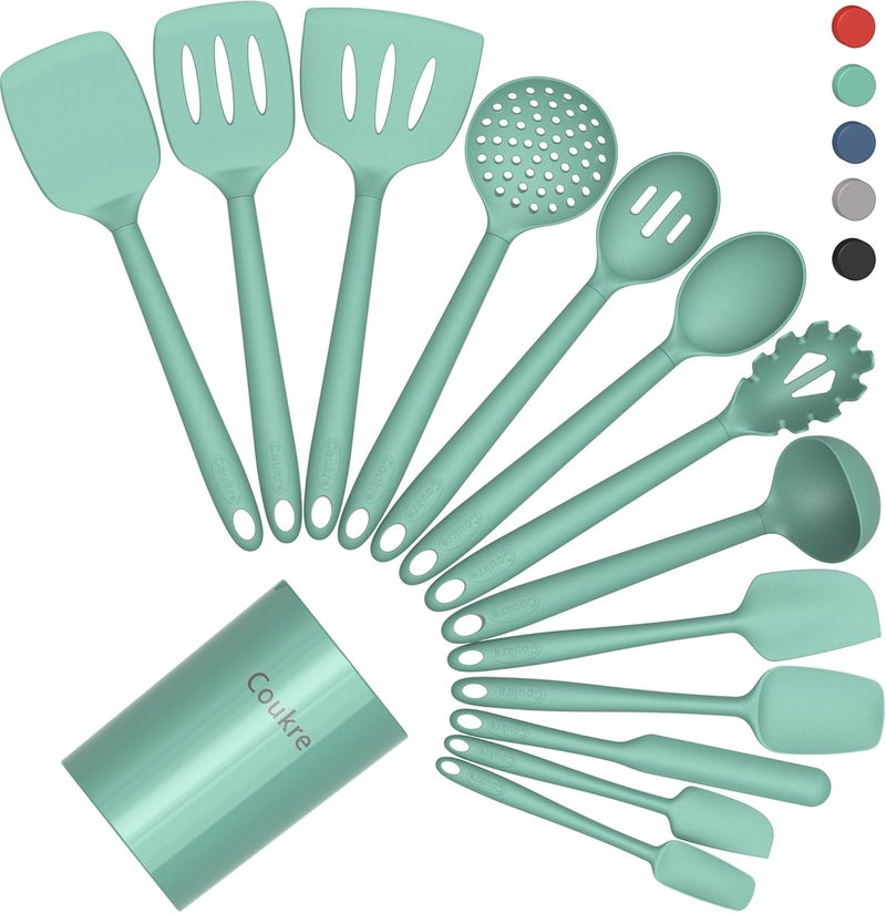 Coukre Silicone Kitchen Cooking Utensils Set with Holder – Heat-Resistant, Food-Grade Kitchen Tools, Spatula, Spoon & Gadgets for Non-Stick Pans, Dishwasher Safe (14, PureAquaGreen) - Image 1
