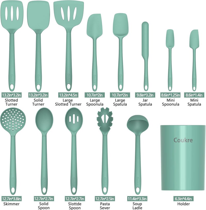 Coukre Silicone Kitchen Cooking Utensils Set with Holder – Heat-Resistant, Food-Grade Kitchen Tools, Spatula, Spoon & Gadgets for Non-Stick Pans, Dishwasher Safe (14, PureAquaGreen) - Image 2