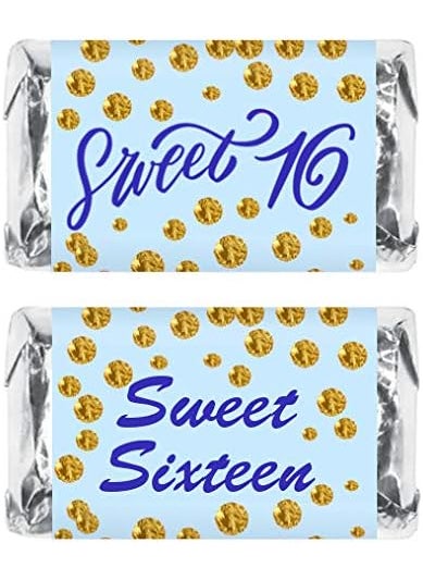 RokAPary RokAPary Blue 16th Birthday Miniatures Candy Bar Wrapper Set of 60 Sweet 16 Mini Candy Bar Stickers Sweet Sixteen Party Favors Candy Not Included Made in USA  - Image 1