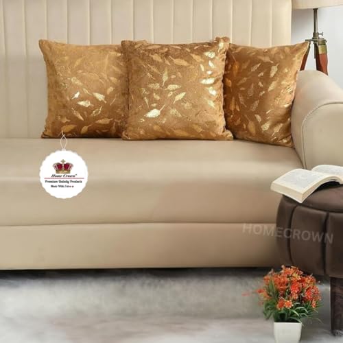 HOMECROWN Velvet Cushion Covers 16x16 Inch – Set of 3 Pcs, Golden Feather Print, Soft Faux Fur Decorative Throw Pillow Covers for Sofa, Couch, Bed, Living Room (Golden) - Image 1