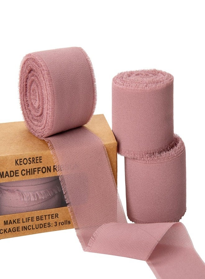 KEOSREE 3 Rolls Dusty Rose Handmade Chiffon Ribbon,1.5" x 21Yd Frayed Fringe Silk Mauve Ribbons (3 Rolls *7Yd) for Gifts Wrapping, Wedding Invitations, Bridal Bouquets, Decorations - Image 1