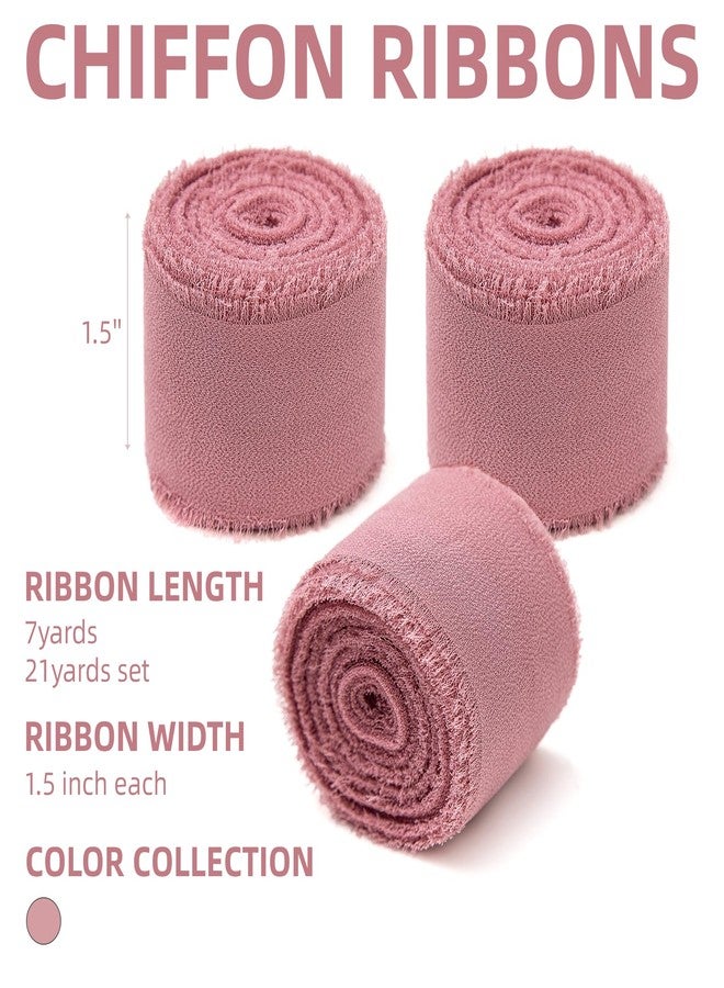 KEOSREE 3 Rolls Dusty Rose Handmade Chiffon Ribbon,1.5" x 21Yd Frayed Fringe Silk Mauve Ribbons (3 Rolls *7Yd) for Gifts Wrapping, Wedding Invitations, Bridal Bouquets, Decorations - Image 2