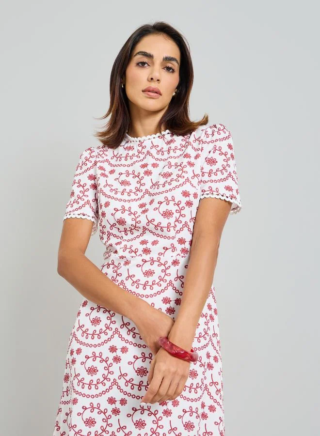 Take Two Embroidered Midi A-Line Dress with Short Sleeves
