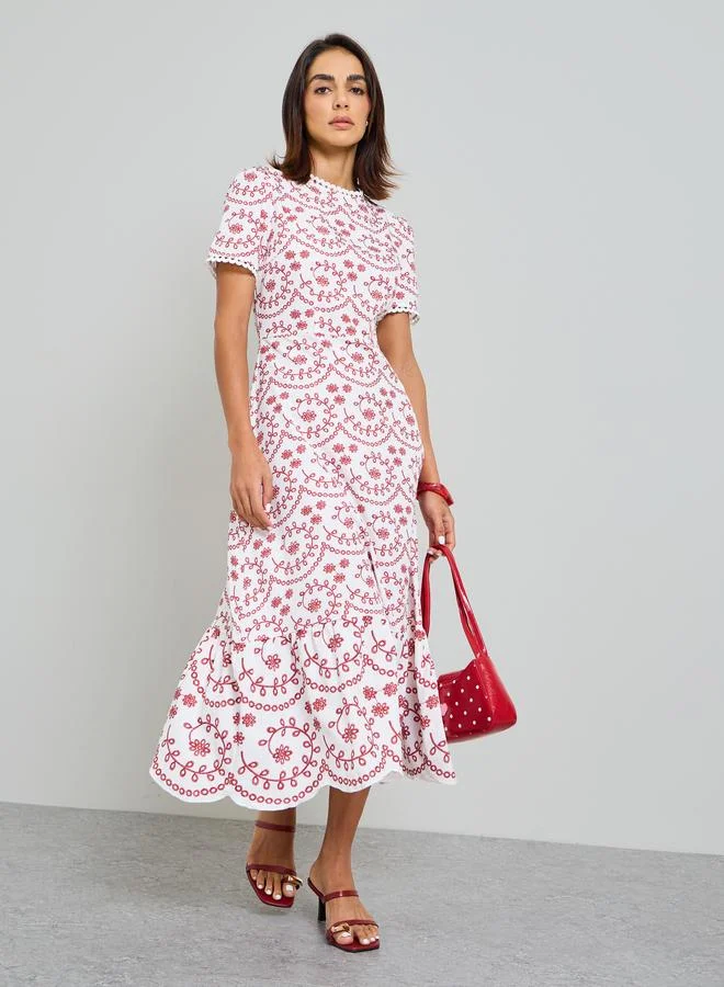 Take Two Embroidered Midi A-Line Dress with Short Sleeves