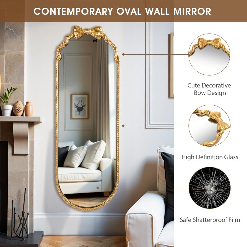 Fobule Oval Full Length Mirror, 16"x47" Gold Bow Metal Beaded Frame Large Hanging Dressing Floor Mirror for Bedroom, Living Room, Entryway - Image 2