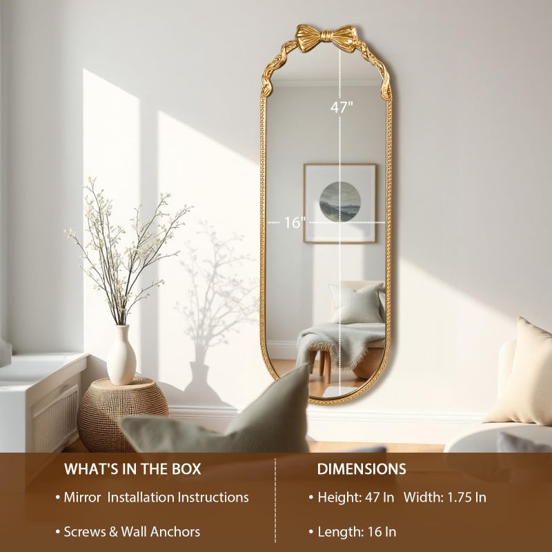 Fobule Oval Full Length Mirror, 16"x47" Gold Bow Metal Beaded Frame Large Hanging Dressing Floor Mirror for Bedroom, Living Room, Entryway - Image 4