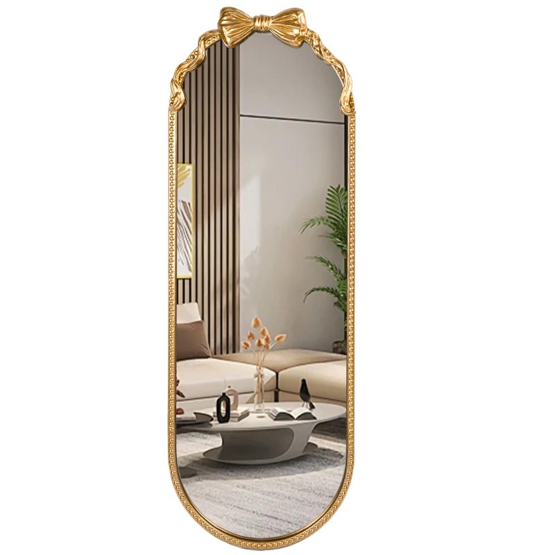 Fobule Oval Full Length Mirror, 16"x47" Gold Bow Metal Beaded Frame Large Hanging Dressing Floor Mirror for Bedroom, Living Room, Entryway - Image 1