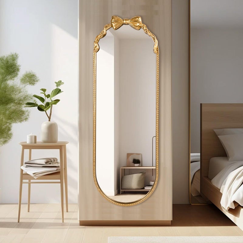 Fobule Oval Full Length Mirror, 16"x47" Gold Bow Metal Beaded Frame Large Hanging Dressing Floor Mirror for Bedroom, Living Room, Entryway - Image 5