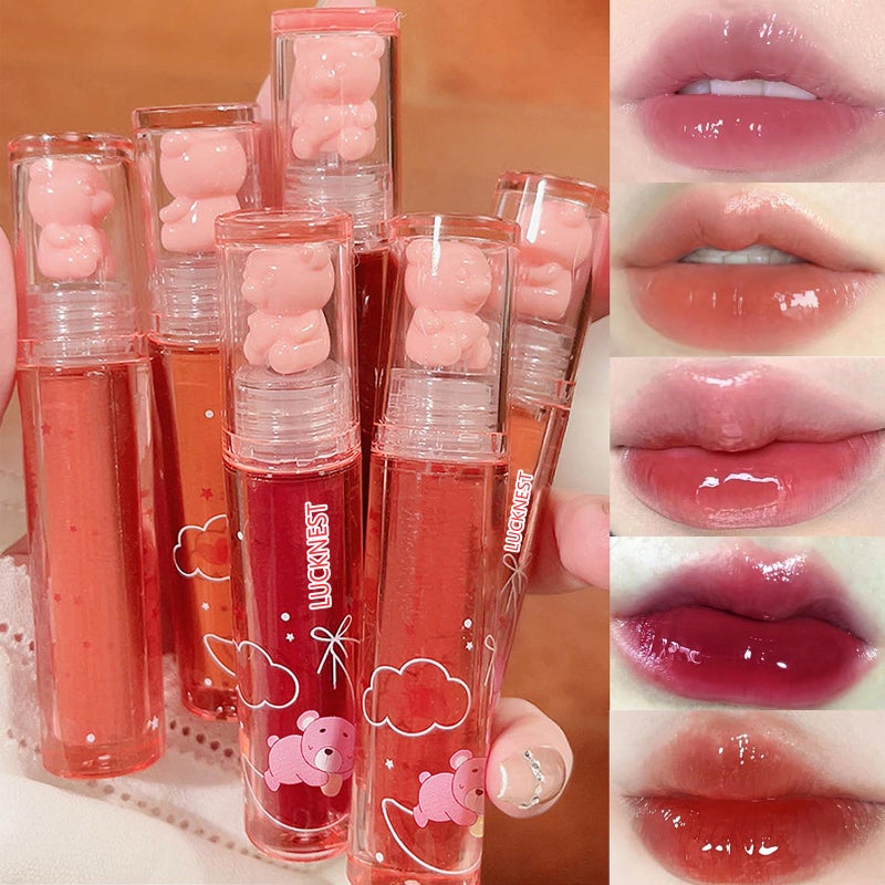 6Pcs Bear Lip Glaze Jelly Lipstick Liquid Lipstick Cute Bear Lipgloss Moisturizing Lip Stain Plumping Water Lip Gloss Waterproof Long Lasting Cheek Rouge Tint Cosmetics Beauty Makeup