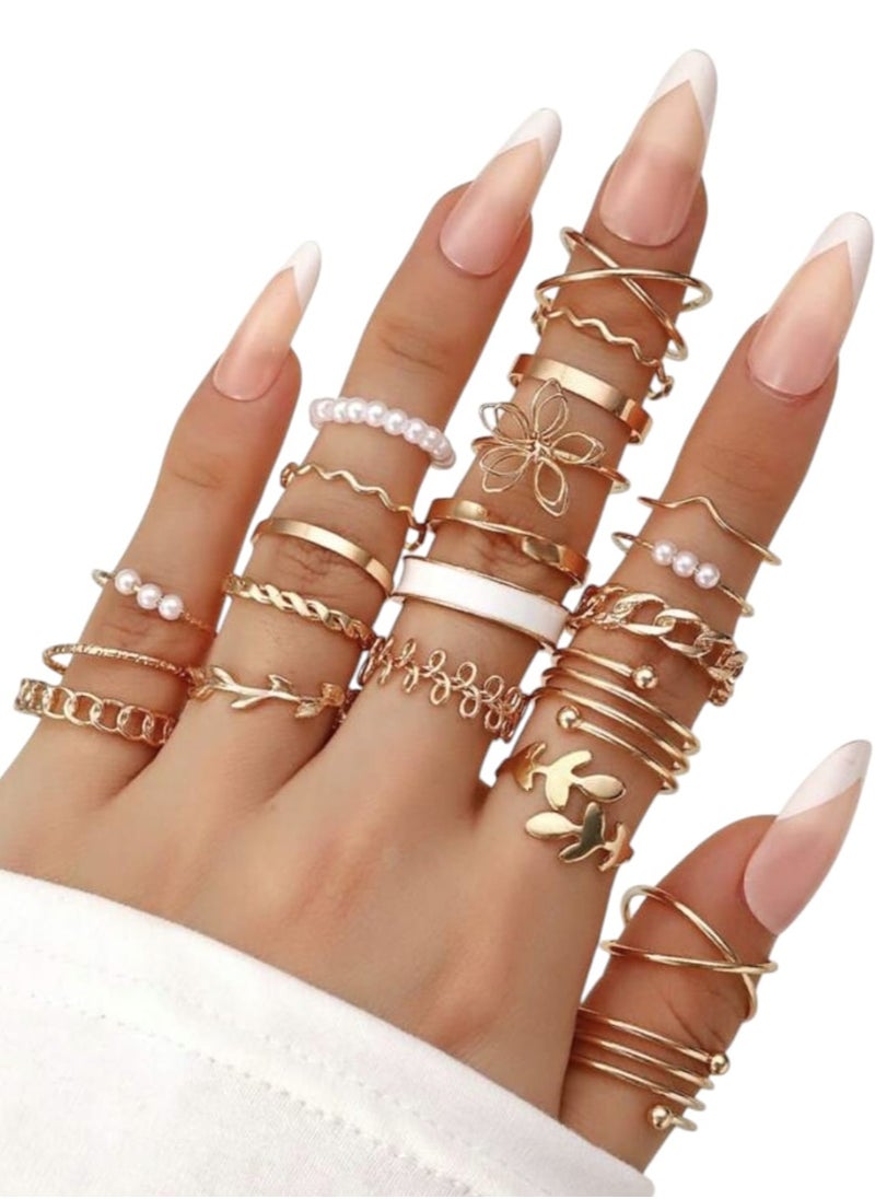 YUCCA - 22pcs Fashion Alloy Rings Set for Women, Including Flowers, Leaves, and Artificial Pearls, Suitable for Daily, Dating, Party, Gift - Image 1