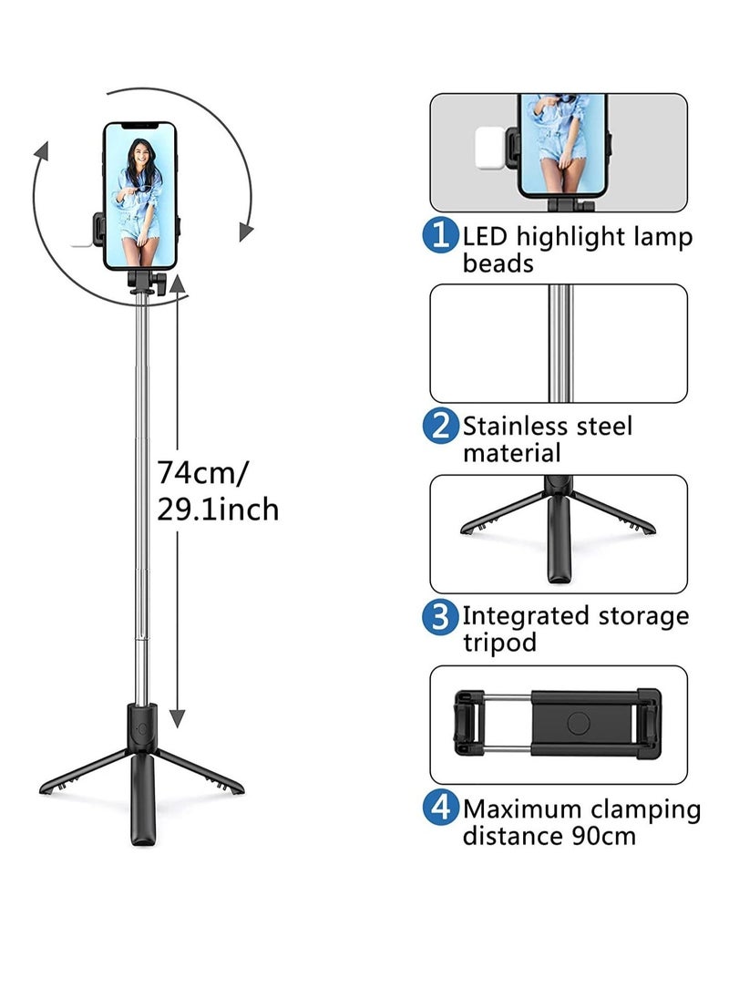 Generic Selfie Stick, Extendable Selfie Stick with LED Fill Light Wireless Remote and Tripod Stand, Portable, Lightweight, big Height extendable 70 cm and Compatible with iphone and Android smartphone  - Image 2