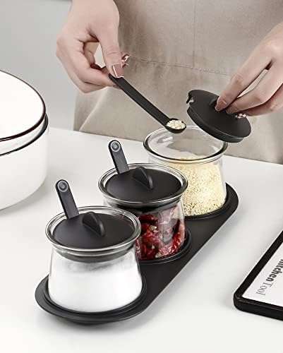 DEVDOX 3Piece Seasoning Box Set Salt Sugar Container Set with Lid Spoon Base Multipurpose Spice Box for Salt Pepper Spices Pickles Elegant Black Design - Image 4