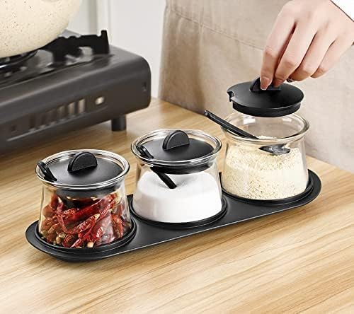 DEVDOX 3Piece Seasoning Box Set Salt Sugar Container Set with Lid Spoon Base Multipurpose Spice Box for Salt Pepper Spices Pickles Elegant Black Design - Image 1