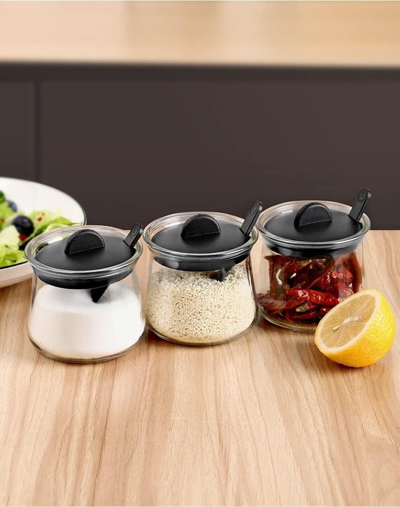 DEVDOX 3Piece Seasoning Box Set Salt Sugar Container Set with Lid Spoon Base Multipurpose Spice Box for Salt Pepper Spices Pickles Elegant Black Design - Image 2
