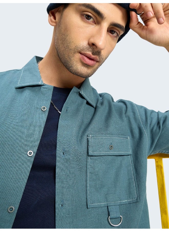 Beyoung True Blue Contrast Stitch Shirt for Men  - Image 3