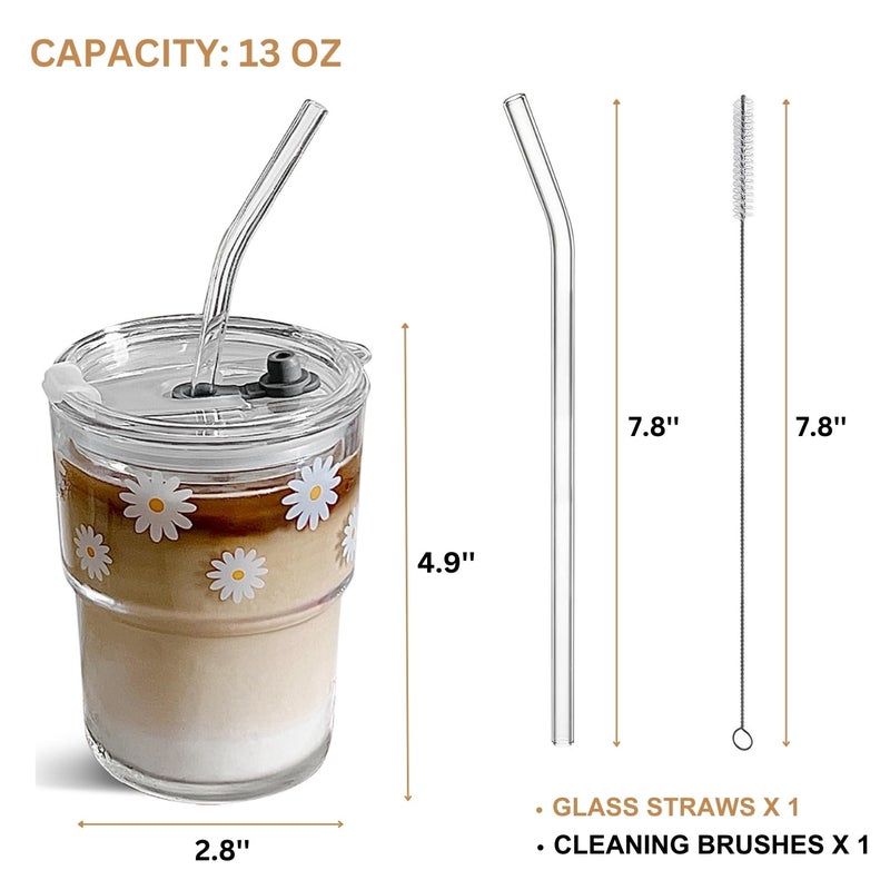 Olvini 13oz Glass Tumbler with Straw and Lid, Reusable Iced Coffee Cup Tumbler, Cute Glass Cups for Water, Matcha, Travel Coffee Mugs (Daisy) - Image 4