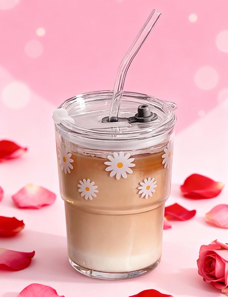 Olvini 13oz Glass Tumbler with Straw and Lid, Reusable Iced Coffee Cup Tumbler, Cute Glass Cups for Water, Matcha, Travel Coffee Mugs (Daisy) - Image 2