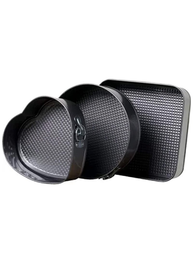 3 Piece Springform Pan Set Heart Round Square Leakproof Cake Pan for Baking Lovers Deep Baking Set with Removable Base 3 Pieces Metal (24cm - 26cm - 28cm) - 3 Piece Detachable Cake Pan Set for Baking Round Baking Pan with Removable Base Carbon Steel - Non-Stick Clip Springform Cake Pans Set Round, Heart and Square - Non-Stick Quick Release Cake Pan with Non-Stick Base, Cake and Cheesecake Baking Pan with Removable Base - Image 1