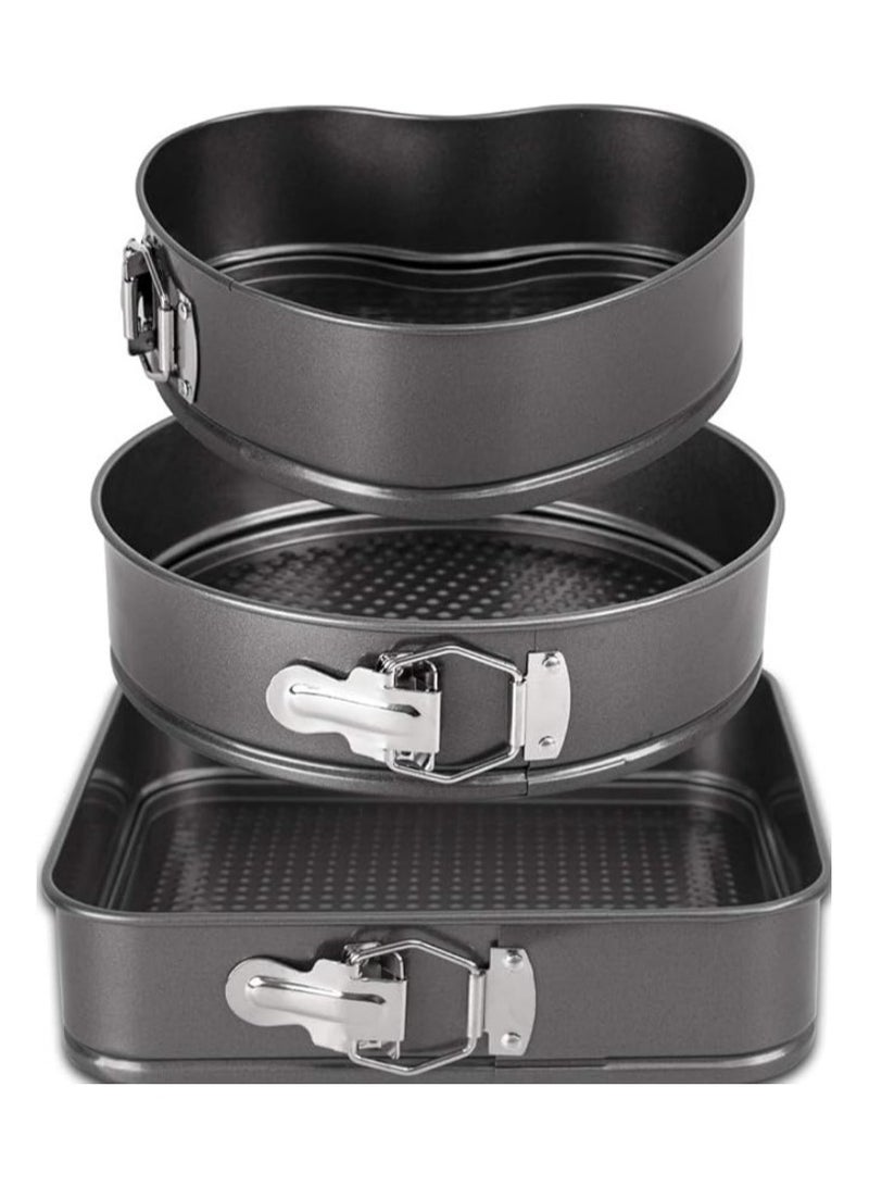 3 Piece Springform Pan Set Heart Round Square Leakproof Cake Pan for Baking Lovers Deep Baking Set with Removable Base 3 Pieces Metal (24cm - 26cm - 28cm) - 3 Piece Detachable Cake Pan Set for Baking Round Baking Pan with Removable Base Carbon Steel - Non-Stick Clip Springform Cake Pans Set Round, Heart and Square - Non-Stick Quick Release Cake Pan with Non-Stick Base, Cake and Cheesecake Baking Pan with Removable Base - Image 2