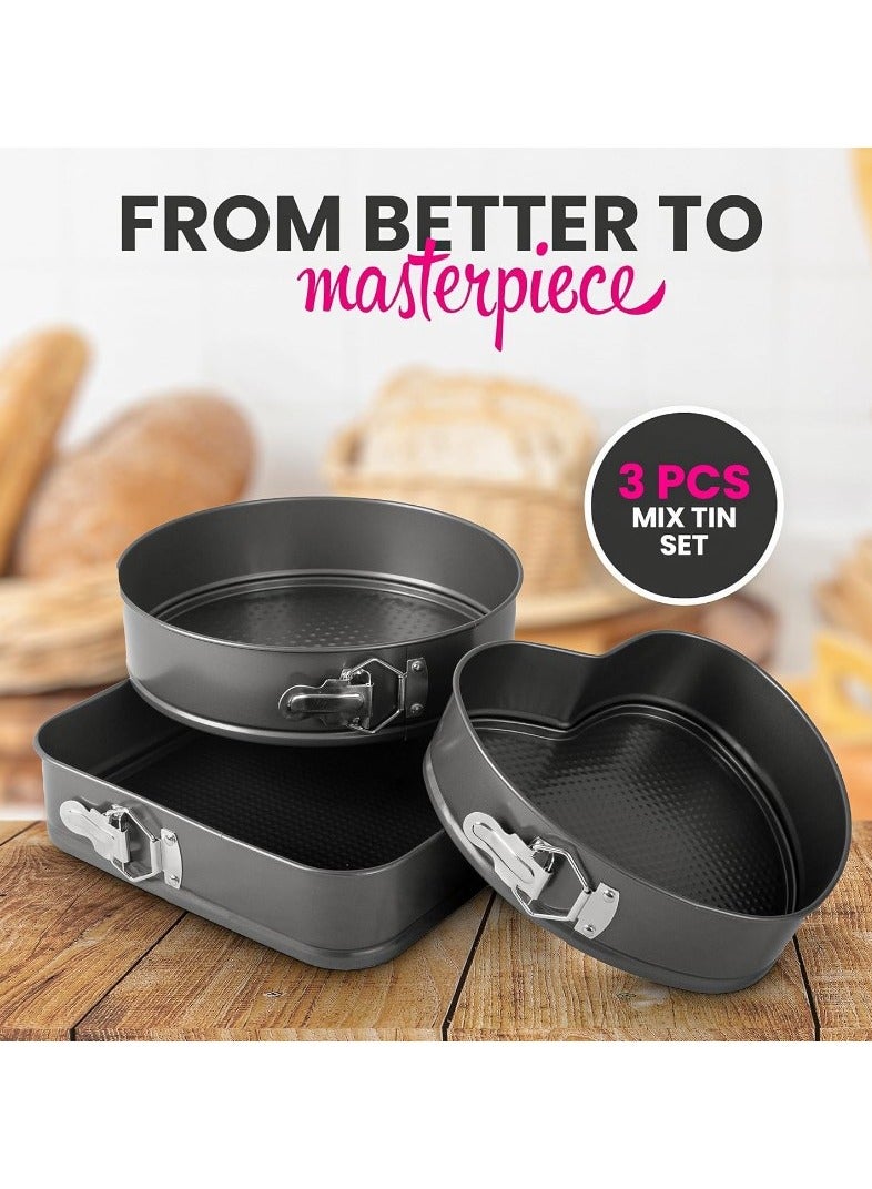 3 Piece Springform Pan Set Heart Round Square Leakproof Cake Pan for Baking Lovers Deep Baking Set with Removable Base 3 Pieces Metal (24cm - 26cm - 28cm) - 3 Piece Detachable Cake Pan Set for Baking Round Baking Pan with Removable Base Carbon Steel - Non-Stick Clip Springform Cake Pans Set Round, Heart and Square - Non-Stick Quick Release Cake Pan with Non-Stick Base, Cake and Cheesecake Baking Pan with Removable Base - Image 3