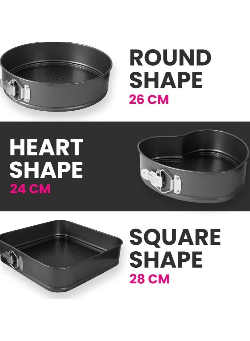 3 Piece Springform Pan Set Heart Round Square Leakproof Cake Pan for Baking Lovers Deep Baking Set with Removable Base 3 Pieces Metal (24cm - 26cm - 28cm) - 3 Piece Detachable Cake Pan Set for Baking Round Baking Pan with Removable Base Carbon Steel - Non-Stick Clip Springform Cake Pans Set Round, Heart and Square - Non-Stick Quick Release Cake Pan with Non-Stick Base, Cake and Cheesecake Baking Pan with Removable Base - Image 4