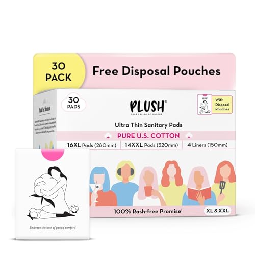 Plush Ultra-Thin Sanitary Napkins for Women, 30 Pcs | 16 XL Pads (Light-Medium Flow), 14 XXL Pads (Heavy Flow), 4Panty Liners | 100% Rash-Free | Pure U.S. Cotton XXL Sanitary Pads with Free Disposable Pouches | No Fragrance | No Toxic-Chemicals - Image 1