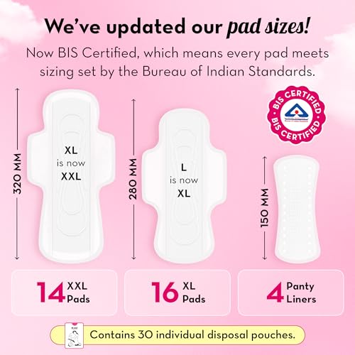 Plush Ultra-Thin Sanitary Napkins for Women, 30 Pcs | 16 XL Pads (Light-Medium Flow), 14 XXL Pads (Heavy Flow), 4Panty Liners | 100% Rash-Free | Pure U.S. Cotton XXL Sanitary Pads with Free Disposable Pouches | No Fragrance | No Toxic-Chemicals - Image 3