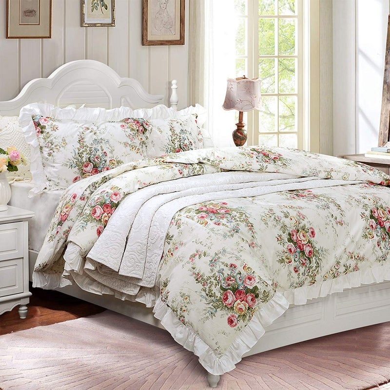 FADFAY Farmhouse Bedding Cotton White Floral Duvet Cover Luxury Shabby Vintage Rose Bed Cover Ruffle Lace Off White Bed Cover for Girls Bedroom Super Soft Flower Printed Zipper Lace Bedding Full 3 Pcs