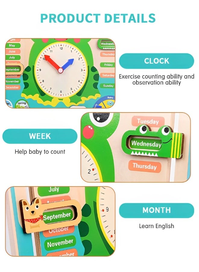 GROIC - Montessori Wooden Toys Kids Learning Clock, Multifunctional Wooden Frog Teaching Clock Calendar, Weather, Season, Time, Week Telling-Preschool Educational and Fun - Image 1