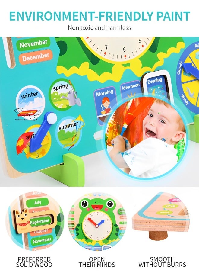 GROIC - Montessori Wooden Toys Kids Learning Clock, Multifunctional Wooden Frog Teaching Clock Calendar, Weather, Season, Time, Week Telling-Preschool Educational and Fun - Image 1