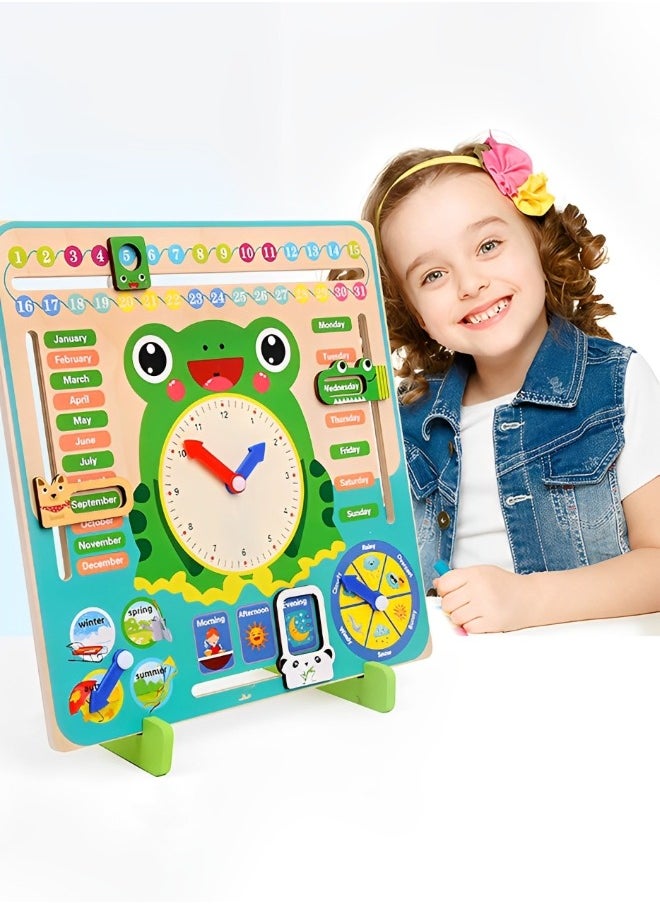 GROIC - Montessori Wooden Toys Kids Learning Clock, Multifunctional Wooden Frog Teaching Clock Calendar, Weather, Season, Time, Week Telling-Preschool Educational and Fun - Image 1