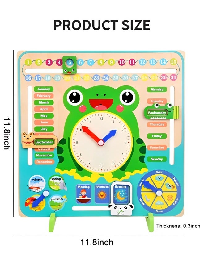 GROIC - Montessori Wooden Toys Kids Learning Clock, Multifunctional Wooden Frog Teaching Clock Calendar, Weather, Season, Time, Week Telling-Preschool Educational and Fun - Image 1
