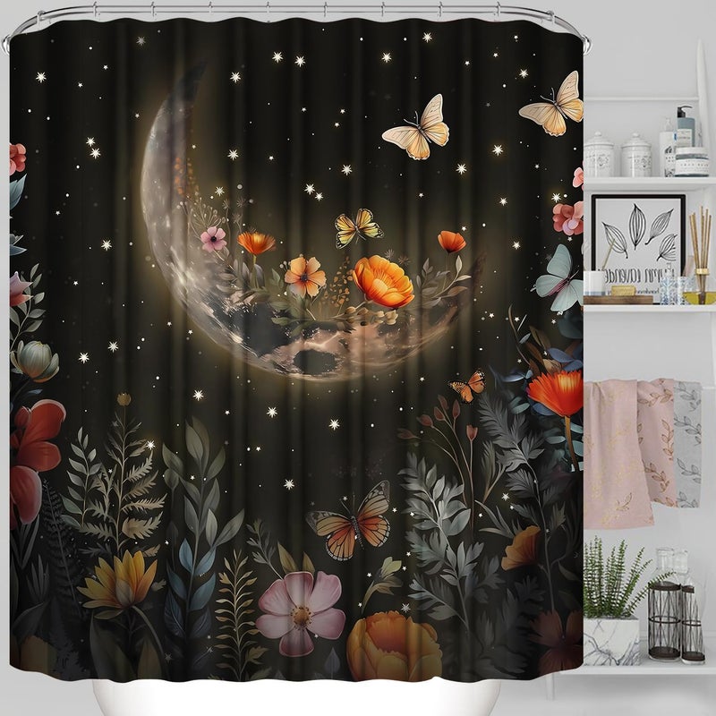 LQCOOL Shower Curtain Set 4 Pcs Black Moon Bathroom Sets with Shower Curtain and Rugs Bathroom Decor Set with 12 Hooks - Image 2
