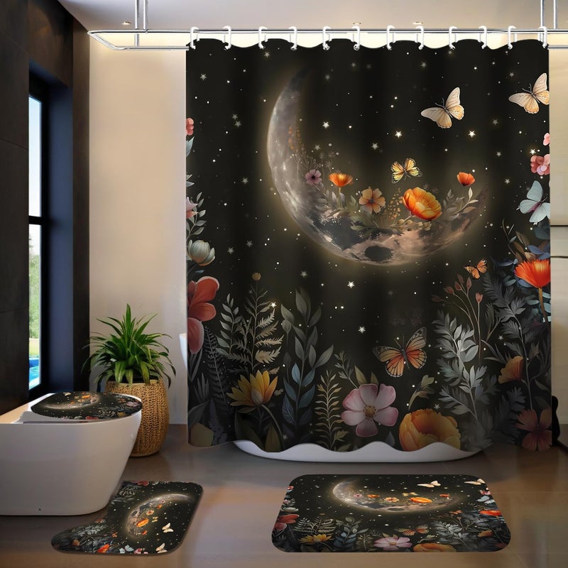 LQCOOL Shower Curtain Set 4 Pcs Black Moon Bathroom Sets with Shower Curtain and Rugs Bathroom Decor Set with 12 Hooks - Image 5
