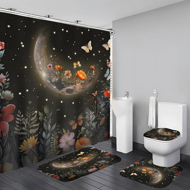 LQCOOL Shower Curtain Set 4 Pcs Black Moon Bathroom Sets with Shower Curtain and Rugs Bathroom Decor Set with 12 Hooks - Image 1