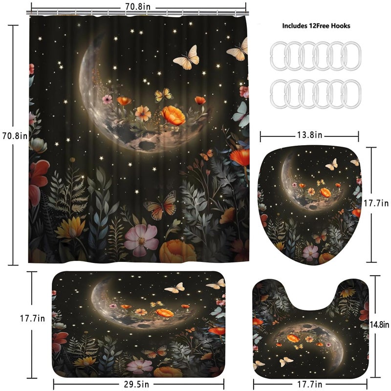 LQCOOL Shower Curtain Set 4 Pcs Black Moon Bathroom Sets with Shower Curtain and Rugs Bathroom Decor Set with 12 Hooks - Image 3