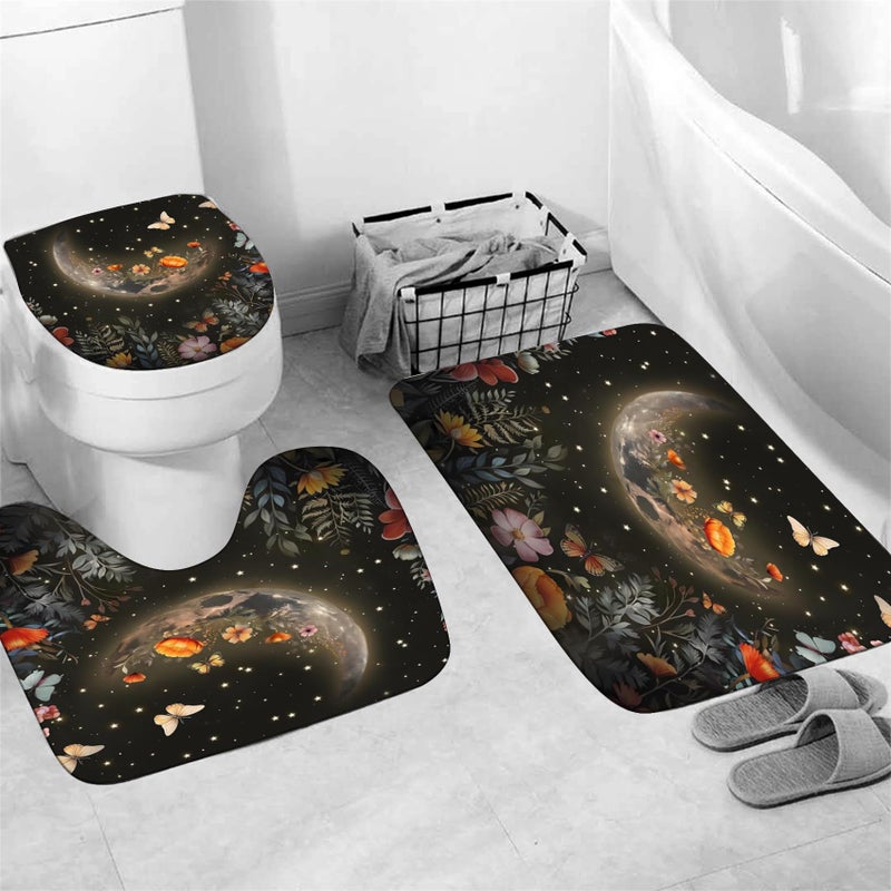 LQCOOL Shower Curtain Set 4 Pcs Black Moon Bathroom Sets with Shower Curtain and Rugs Bathroom Decor Set with 12 Hooks - Image 4