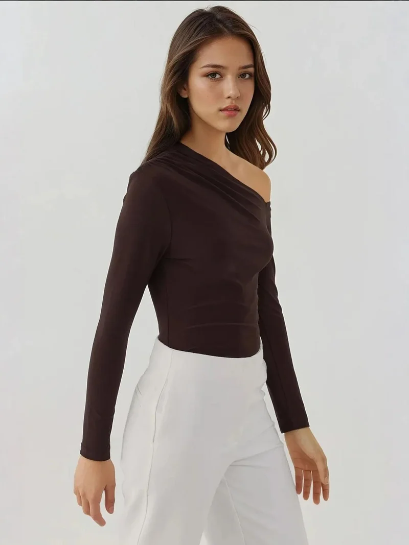 HICCUP Asymmetrical Collar Long Sleeve Slim Fit Soft Touch  Knit Top