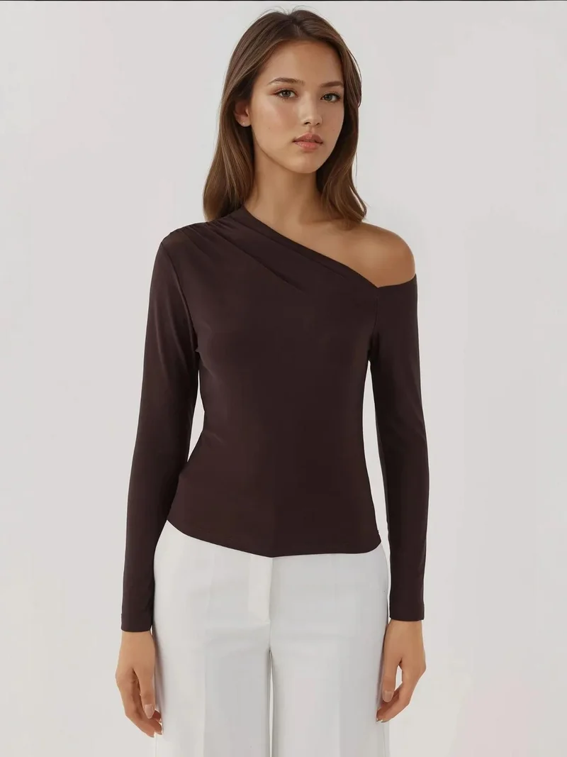 HICCUP Asymmetrical Collar Long Sleeve Slim Fit Soft Touch  Knit Top