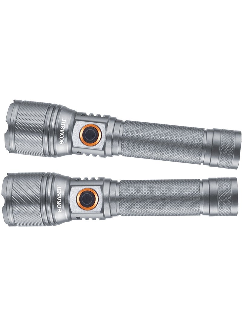 SONASHI Rechargeable LED Torch with Zoom Function | 5000mAh Battery with Type-C Charging | 800 Meters Long Coverage | Hyper Bright 15-Watt Laser LED with 1.5 Hours Continuous Working | LED Flashlight for Camping & Hiking | SLT-3711Z Silver (Pack of 2)  - Image 1
