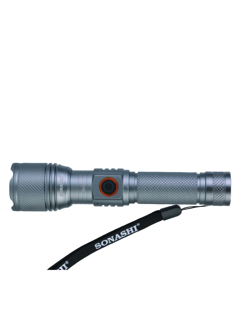 SONASHI Rechargeable LED Torch with Zoom Function | 5000mAh Battery with Type-C Charging | 800 Meters Long Coverage | Hyper Bright 15-Watt Laser LED with 1.5 Hours Continuous Working | LED Flashlight for Camping & Hiking | SLT-3711Z Silver (Pack of 2)  - Image 3