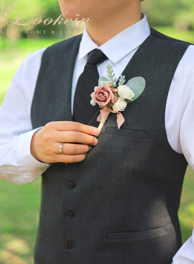 Lookein مجموعة لوكين من زهرتين للعريس ورفاقه، زهور صناعية لحفلات الزفاف والذكرى السنوية وحفلات العشاء الرسمية، لون وردي باهت - Image 5