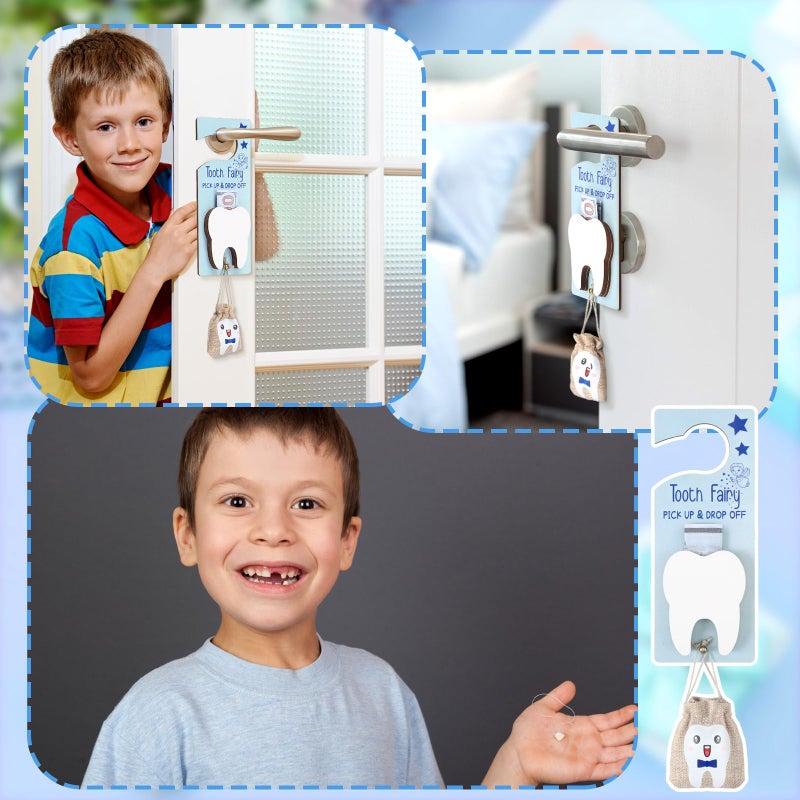 DoubleFill حقيبة حامل هدية جنية الأسنان مزدوجة التعبئة، شماعة باب، شهر صحة الأسنان الوطني للأطفال، هدية يوم طبيب الأسنان، مجموعة جنية الأسنان، صندوق تذكار للأسنان المفقودة للصبيان والبنات (كلاسيكي، أزرق بني) - Image 4